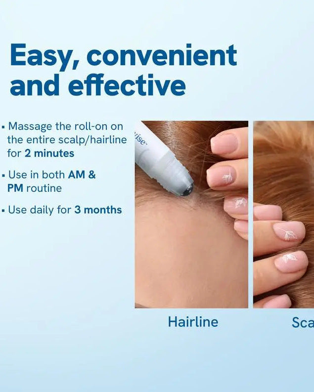 Product roll-on being applied to hairline and scalp with text on a light blue background